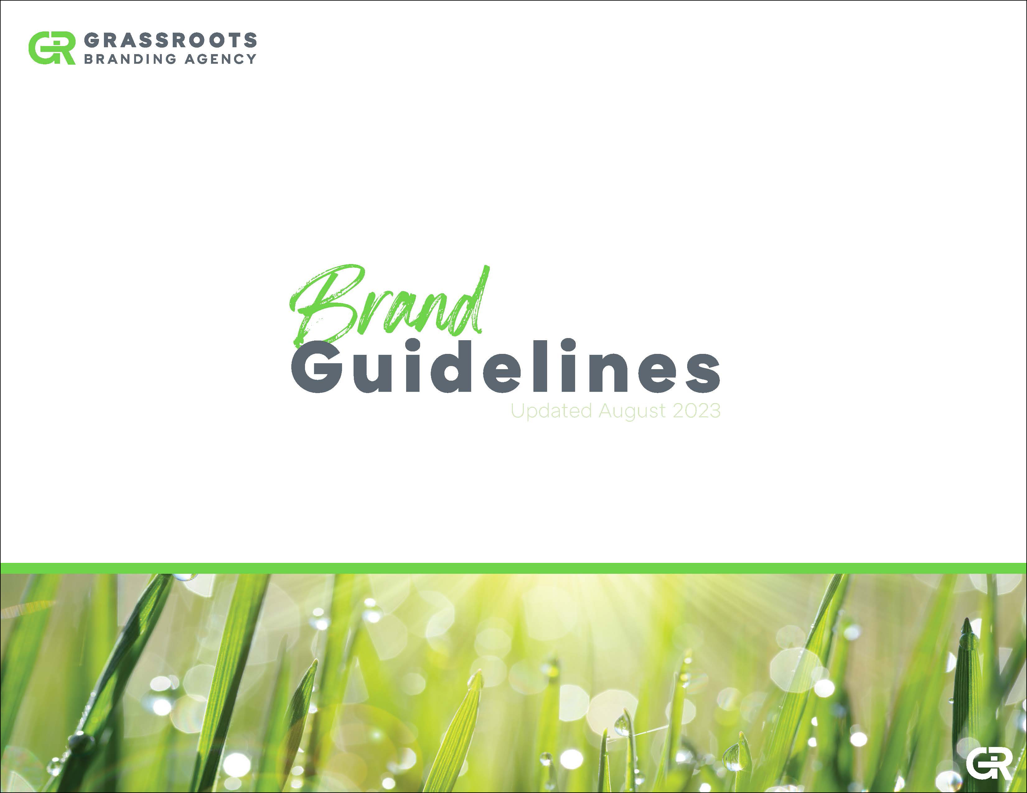 Brand Guidelines cover — Grassroots Branding Agency with sunlit grass photography, Updated August 2023