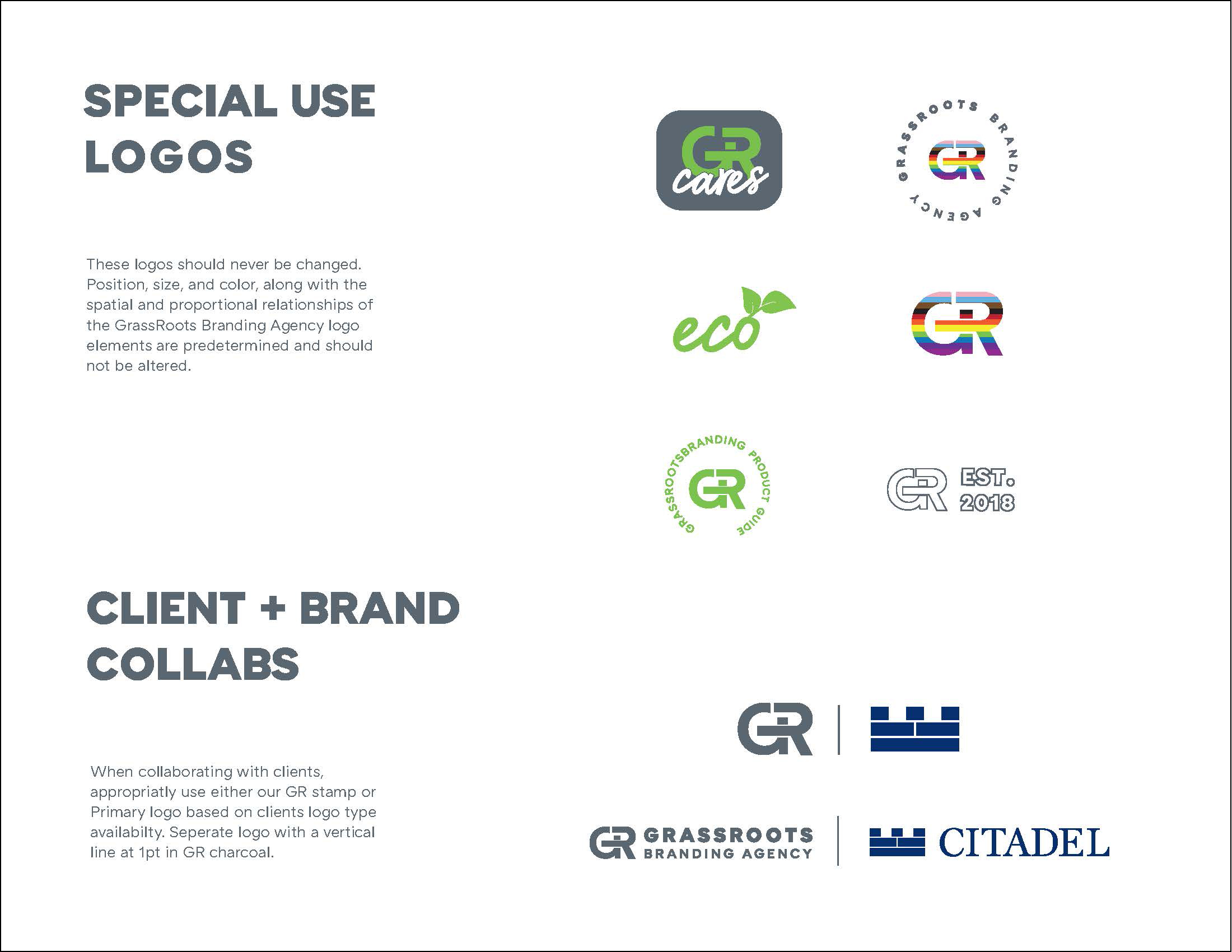 Special Use Logos and Client + Brand Collabs — GR Cares, Eco, Pride, Stamp marks and Citadel co-brand