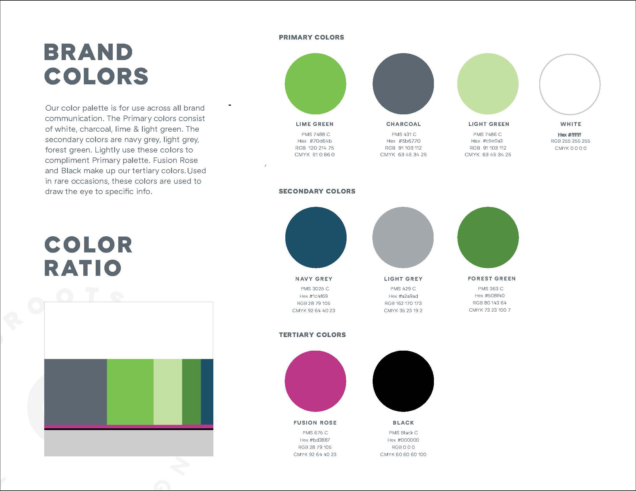 Brand Colors and Color Ratio — Lime Green, Charcoal, Light Green, White primary palette