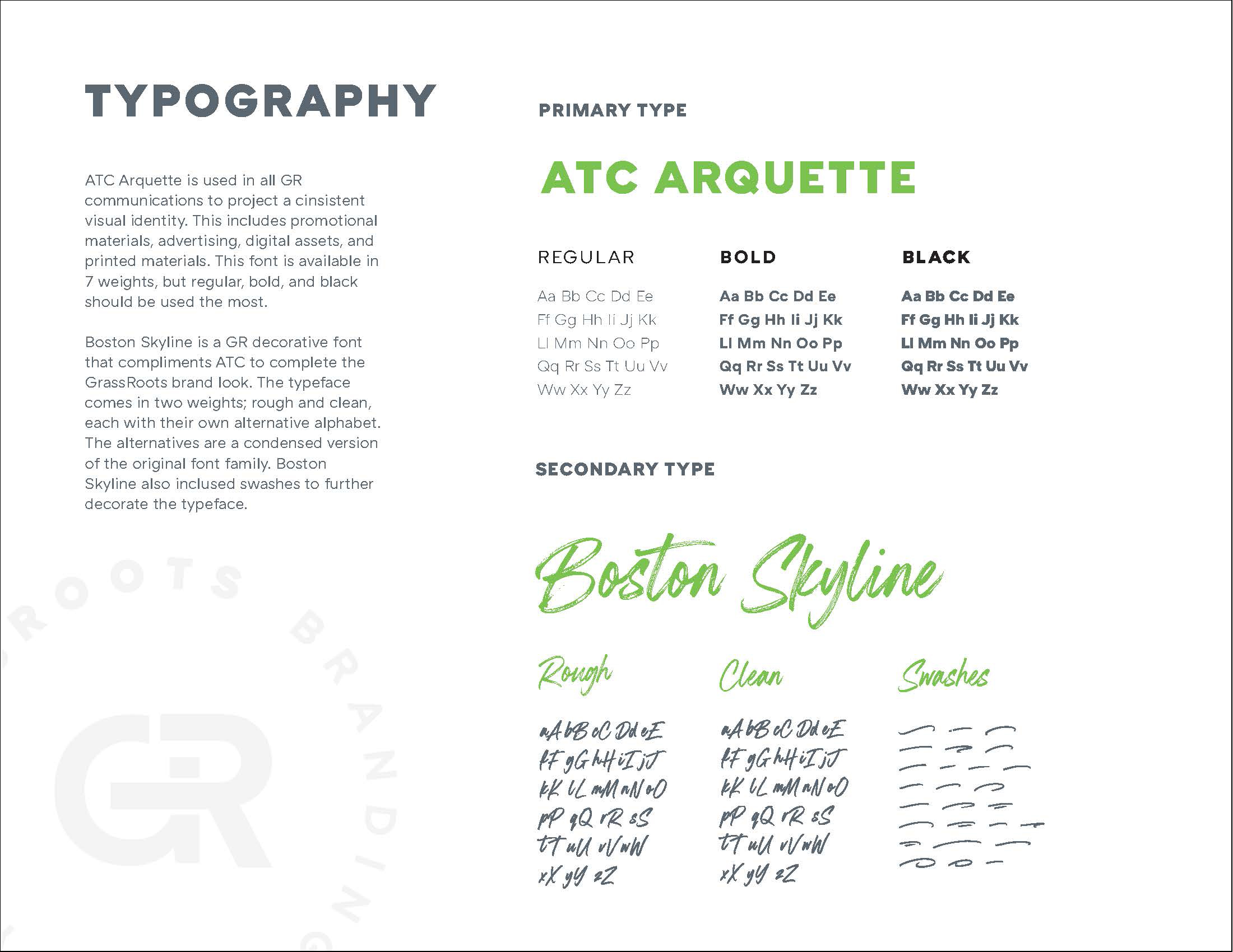 Typography — ATC Arquette primary and Boston Skyline decorative script