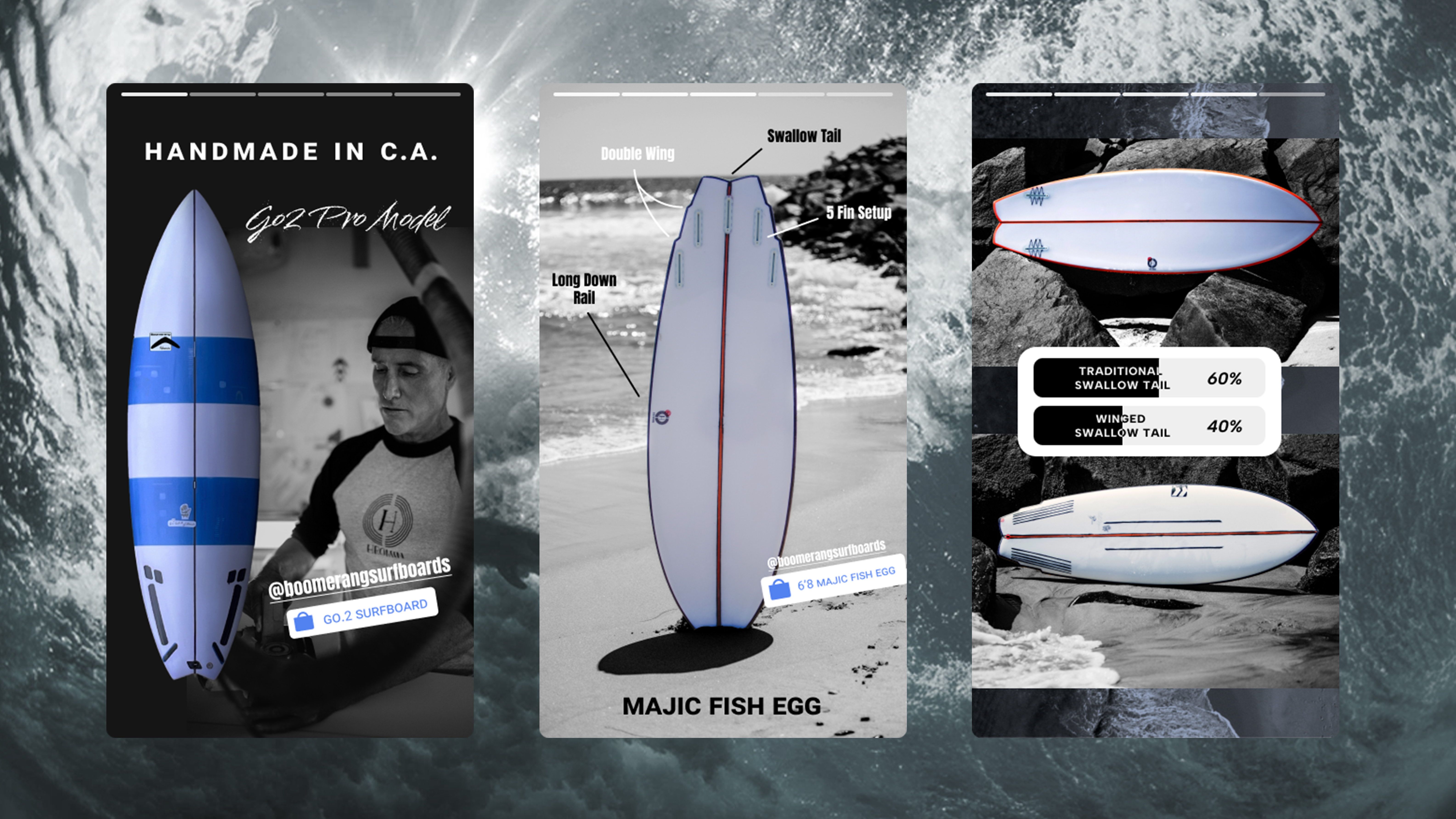 Handmade in CA Go.2 Pro Model, Majic Fish Egg spec breakdown, and Traditional Swallow Tail comparison Instagram Stories