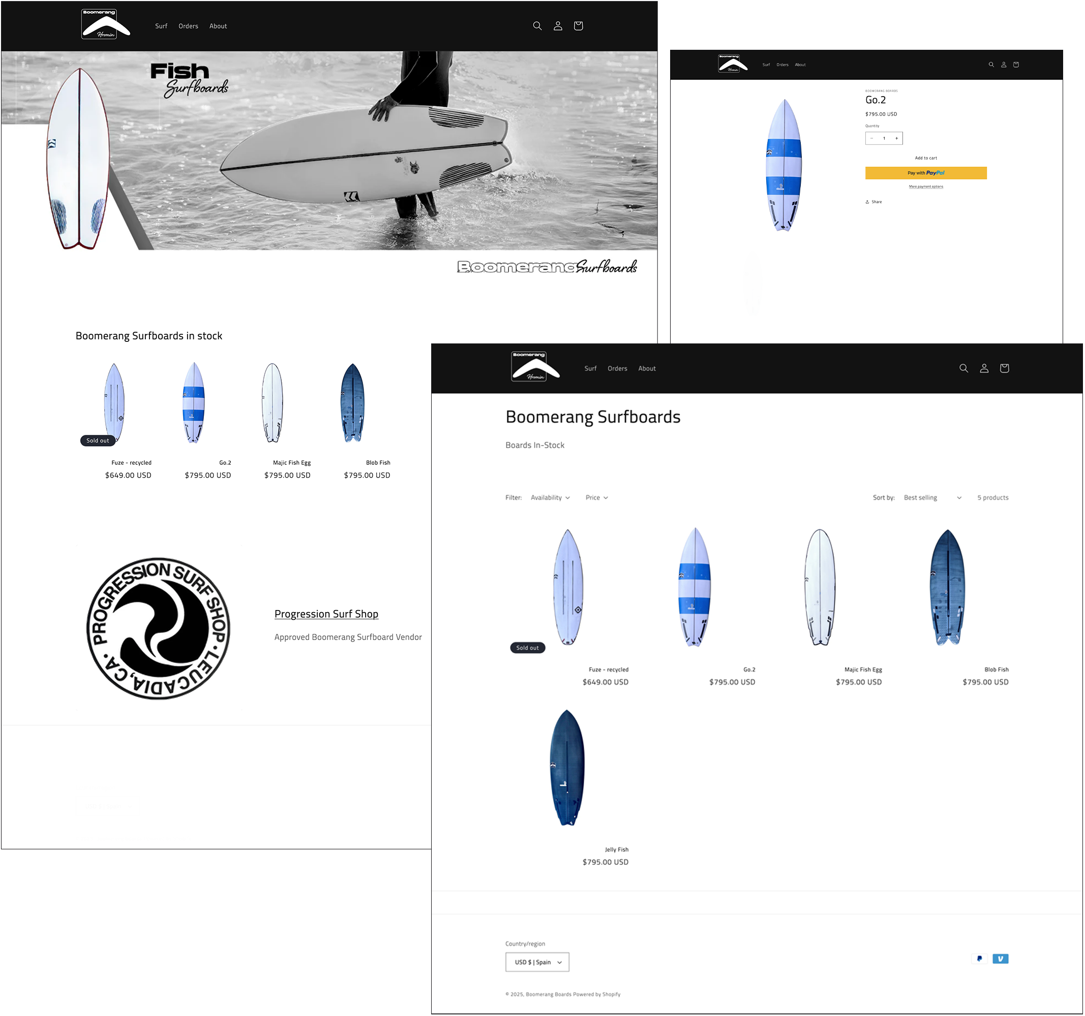 Boomerang Surfboards full Shopify store — homepage hero, in-stock board lineup, Progression Surf Shop vendor badge, product page and catalog grid