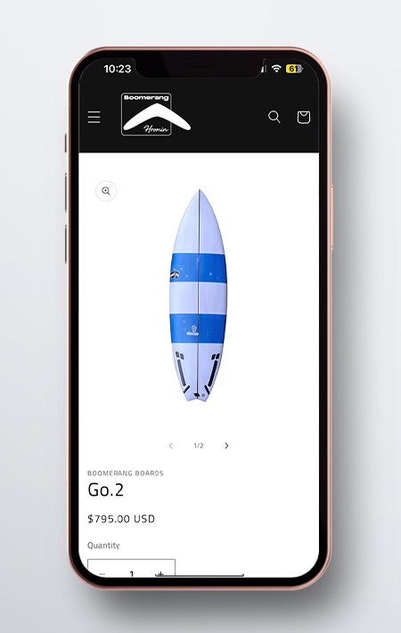 Boomerang Surfboards Shopify store on iPhone — Go.2 surfboard product page at $795 USD