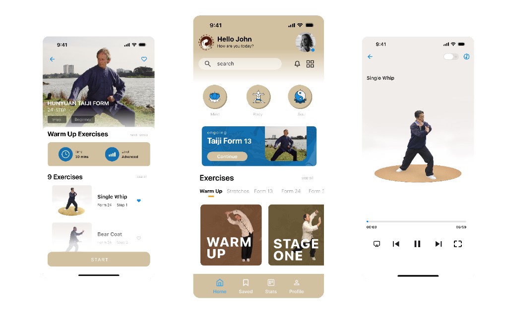 Three high-fidelity screens: Hunyuan Taiji Form course with hero and exercise list, home with categories and ongoing activity, and video player for Single Whip.