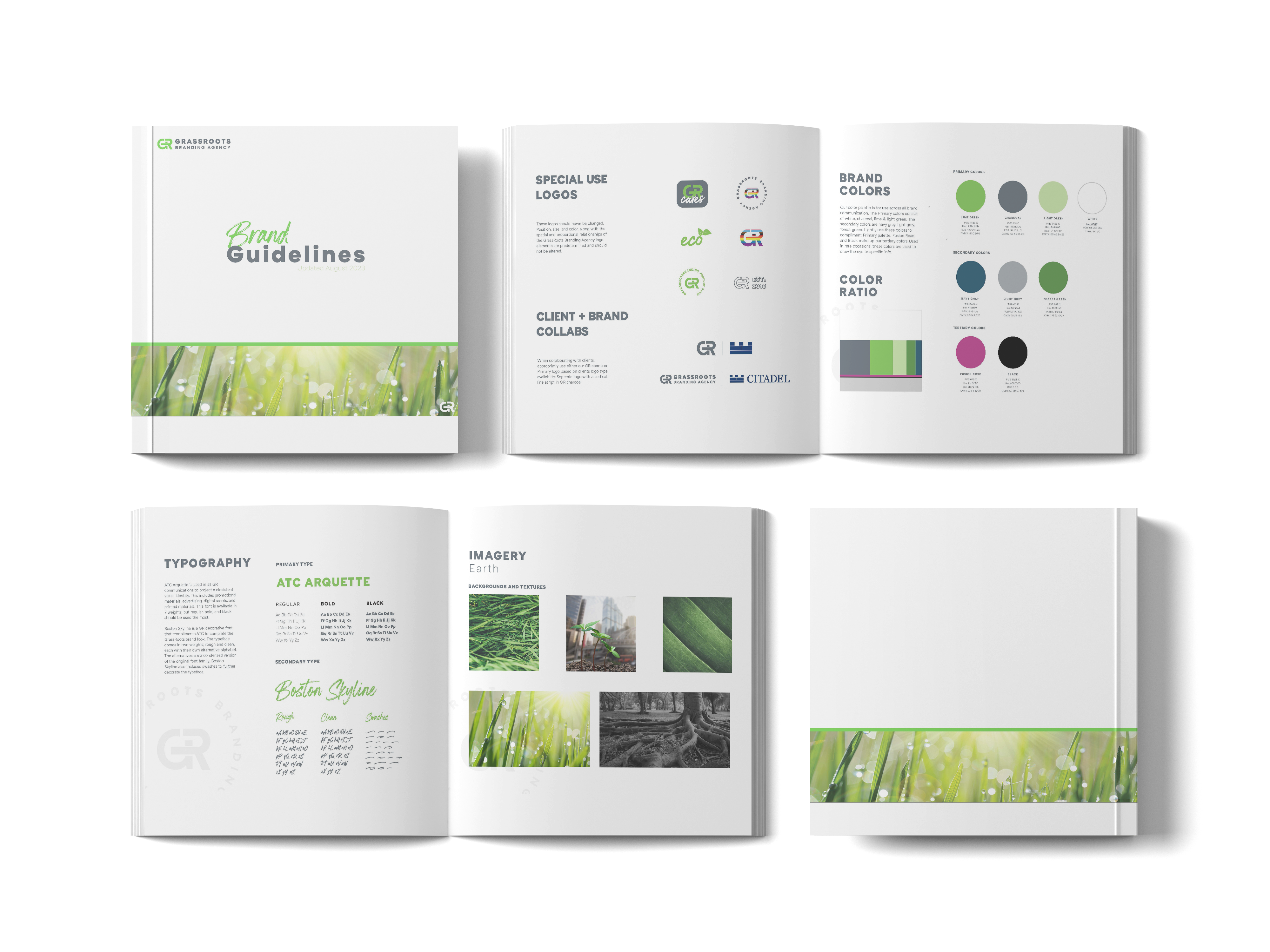 Grassroots Brand Guidelines book mockup — five books showing cover, Special Use Logos, Brand Colors, Typography, and Imagery spreads