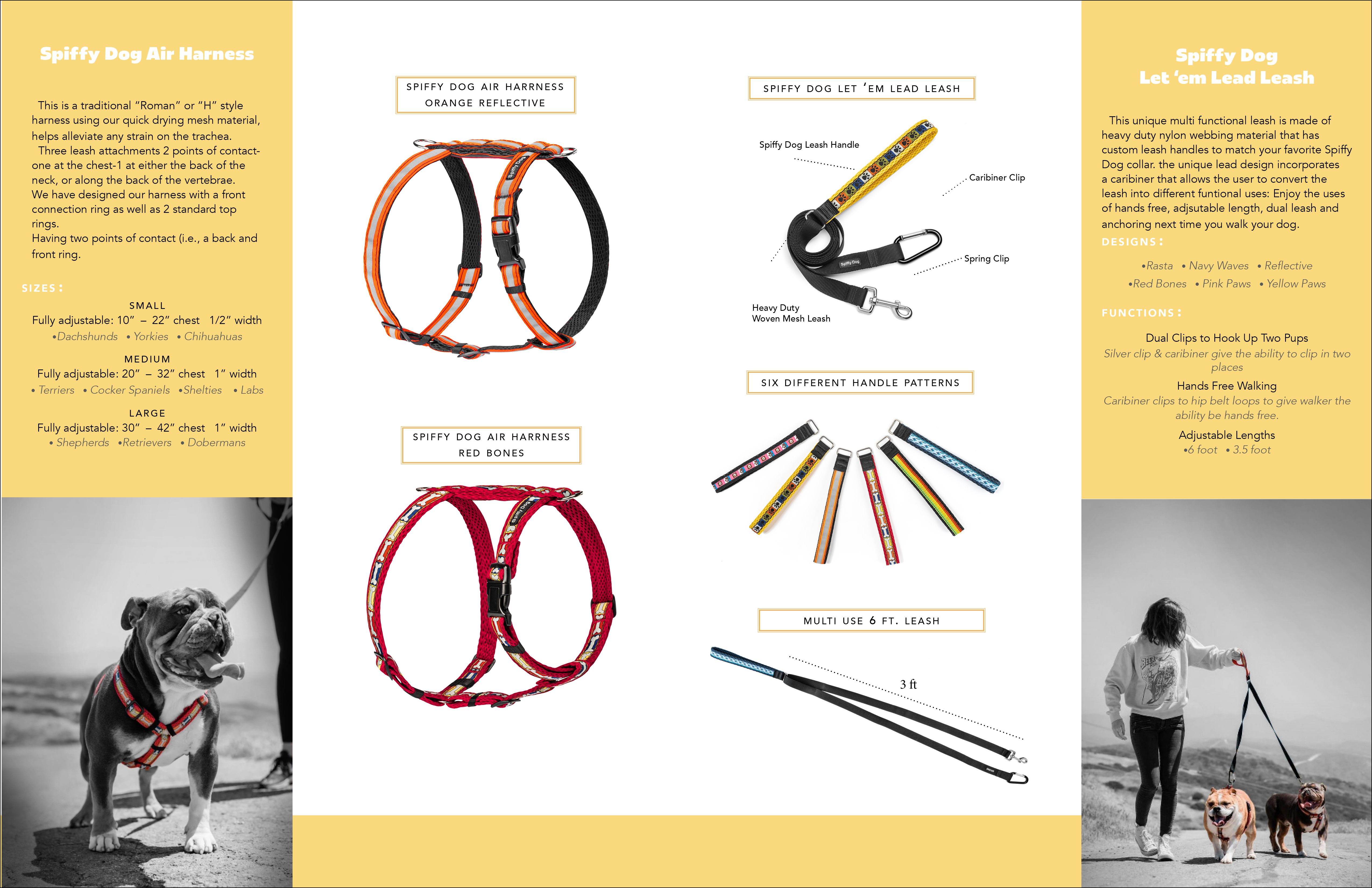 Spiffy Dog B2B catalog spread — Air Harness and Let Em Lead Leash product guide with sizing charts and lifestyle photography
