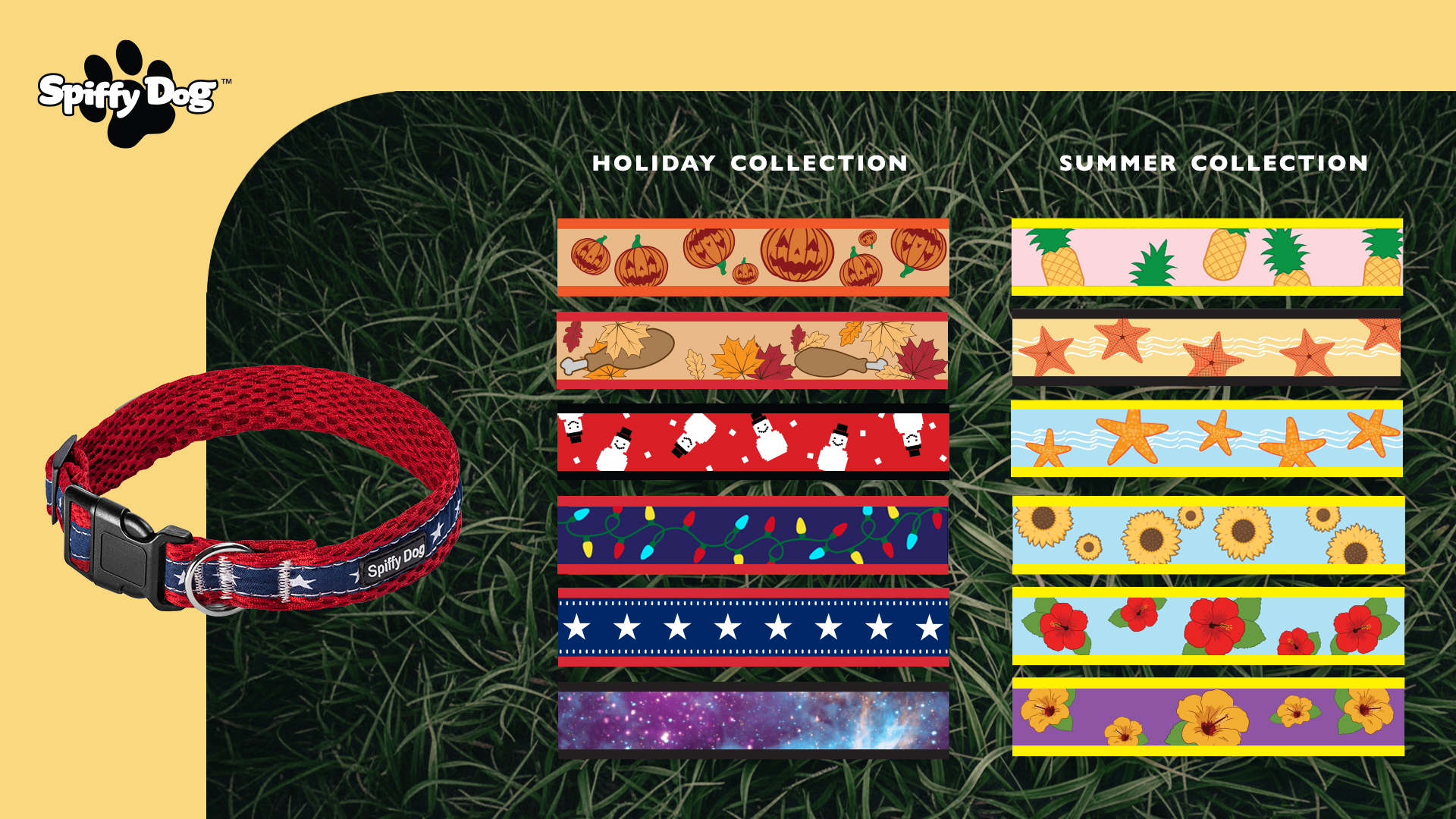 Spiffy Dog collar collection — Holiday and Summer seasonal designs laid out on dark grass background with yellow brand palette and red air collar